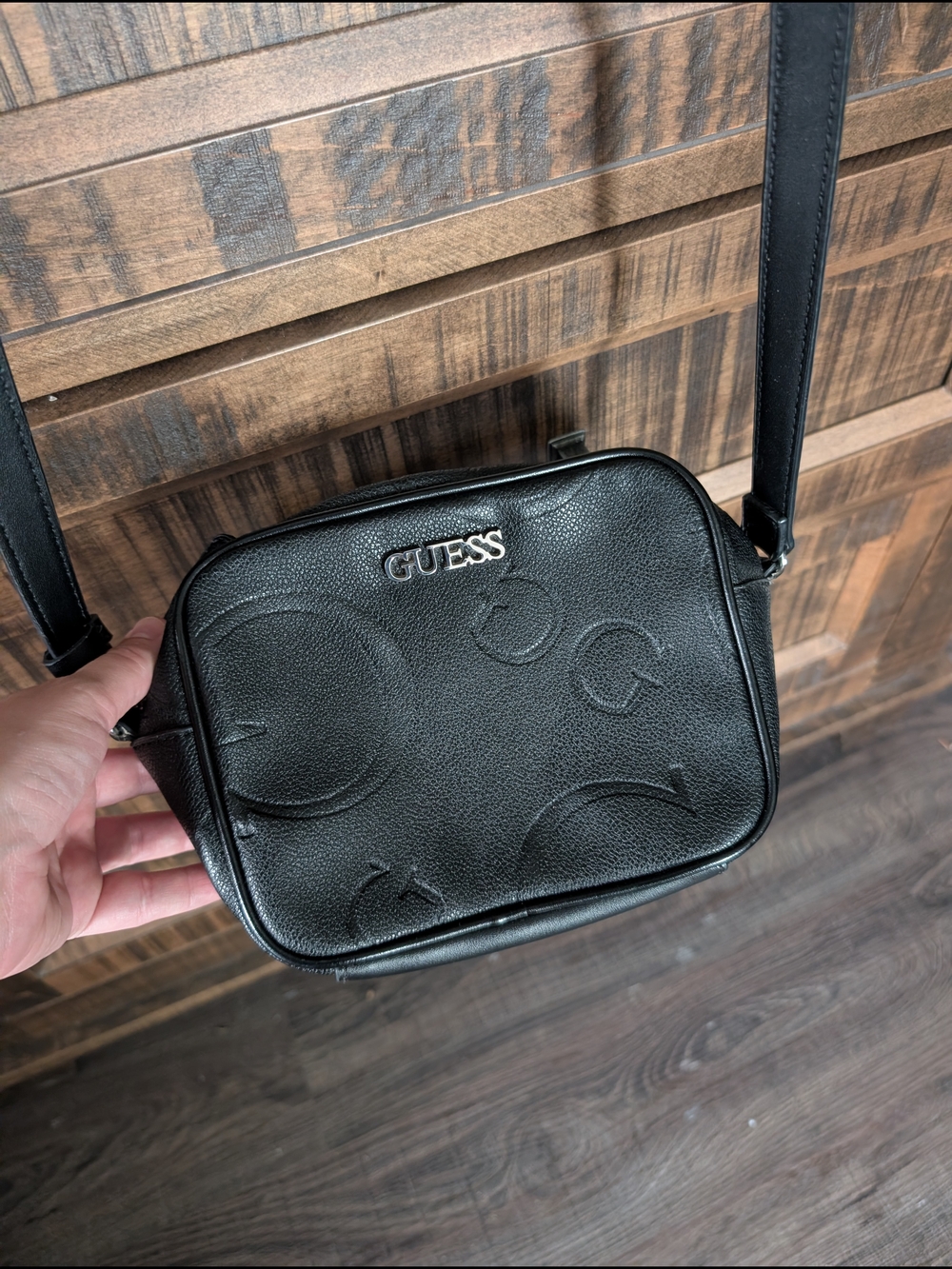 GUESS Black Embossed Logo Crossbody Camera Bag